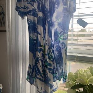 Sea Turtle Print Short-Sleeve Swim Coverup in Blue & Green